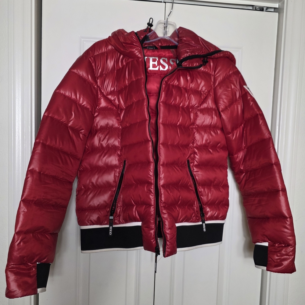 Red Puffer Jacket with Black Trim